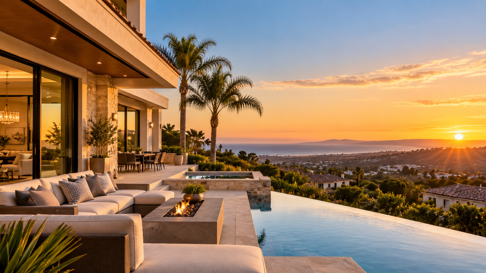 Orange County real estate luxury coastal home with swimming pool at sunset